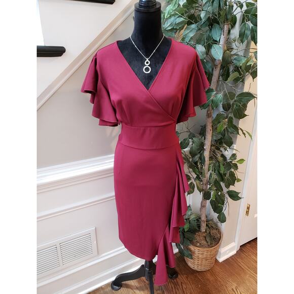 Knitee Dresses & Skirts - Knitee Wrap Dress Womens 2XL Maroon Lined Stretch Ruffle Trim Back Zip V Neck